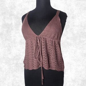 Plus Size 2XL Brown Crochet Tank Top – Boho Festival Knit Cami with Tie Front